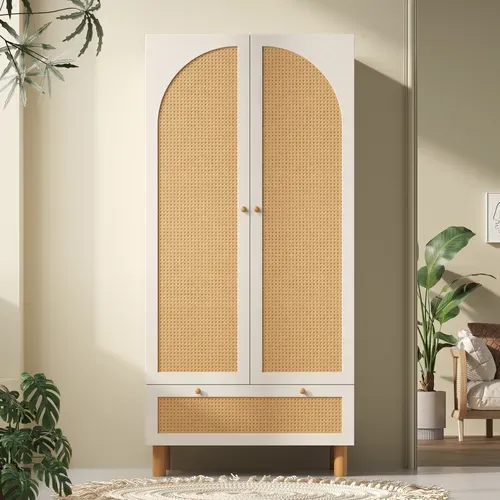 Armoire 180,5x85,5x52 Cm Blanche Style Campagne Avec Rattan Jaune Et Grand Tiroir