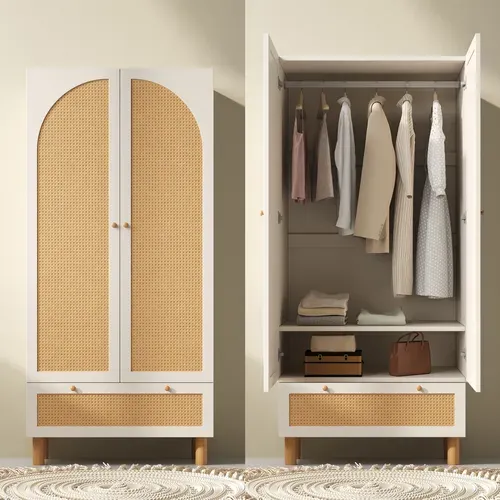 Armoire 180,5x85,5x52 Cm Blanche Style Campagne Avec Rattan Jaune Et Grand Tiroir