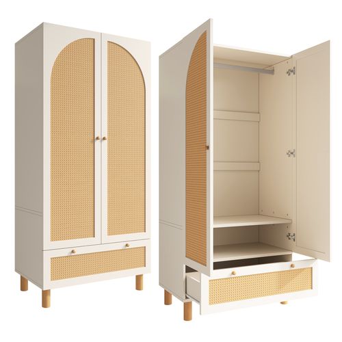 Armoire 180,5x85,5x52 Cm Blanche Style Campagne Avec Rattan Jaune Et Grand Tiroir