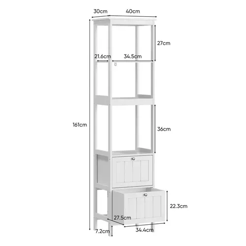 Colonne De Rangement étroite 40x30x160 Cm Blanche En Mdf, 2 Tiroirs Et 3 étagères Pratiques