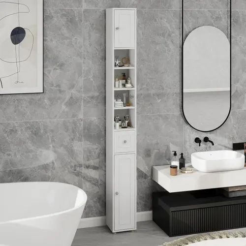 Colonne De Rangement 20x20x180 Cm Blanche En Mdf, Finition Uv Grain De Bois, 1 Tiroir 2 Portes