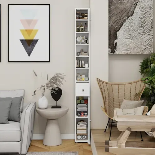 Colonne De Rangement 20x20x180 Cm Blanche En Mdf, Finition Uv Grain De Bois, 1 Tiroir 2 Portes