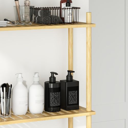 étagère Wc 3 Niveaux Bambou Naturel, étagères Ajourées, Anti-basculement, 69x25,5x181 Cm