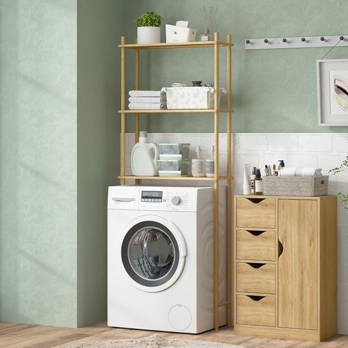 étagère Wc 3 Niveaux Bambou Naturel, étagères Ajourées, Anti-basculement, 69x25,5x181 Cm