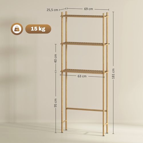 étagère Wc 3 Niveaux Bambou Naturel, étagères Ajourées, Anti-basculement, 69x25,5x181 Cm