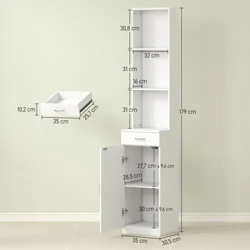Meuble Colonne Salle De Bain 35x30,5x179 Cm Blanc En Panneaux Bois Mélaminés, Gain D'espace