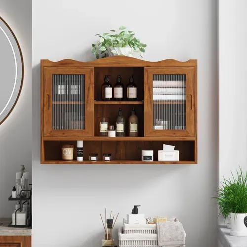 Armoire Murale 90 X 20 X 60 Cm Bois Marron, Portes Coulissantes Verre, Grand Rangement