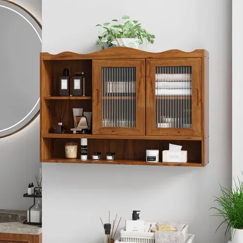 Armoire Murale 90 X 20 X 60 Cm Bois Marron, Portes Coulissantes Verre, Grand Rangement