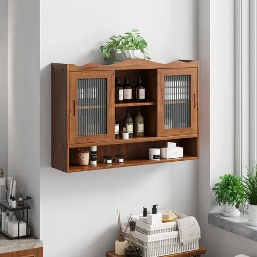 Armoire Murale 90 X 20 X 60 Cm Bois Marron, Portes Coulissantes Verre, Grand Rangement