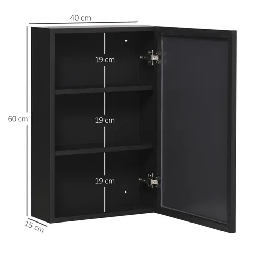Armoire Miroir Murale 40x15x60 Cm En Acier Noir, 3 Étagères, Charnières à Fermeture Douce