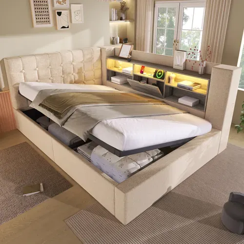 Lit Coffre 140x190 Cm Avec Structure Métallique Tête De Lit En L