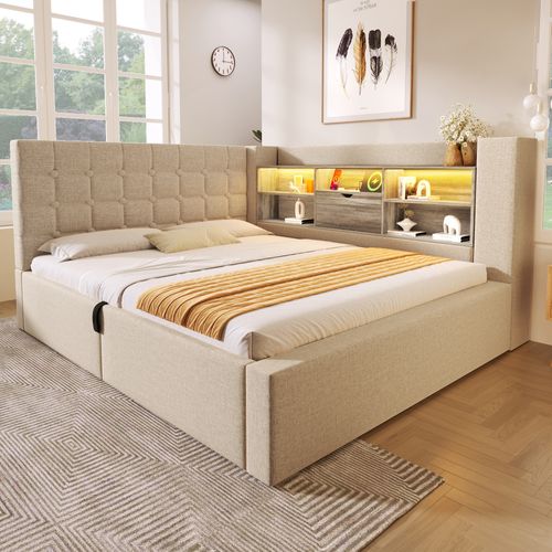 Lit Coffre 140x200 Cm Avec Coffre De Rangement Beige