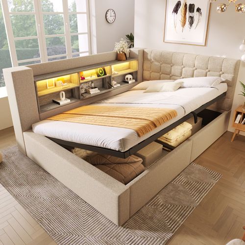 Lit Coffre 140x200 Cm Avec Coffre De Rangement Beige
