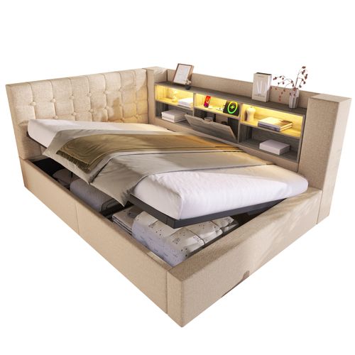 Lit Coffre 140x200 Cm Avec Coffre De Rangement Beige
