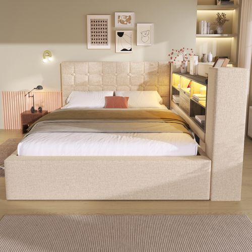 Lit Coffre 140x200 Cm Avec Coffre De Rangement Beige