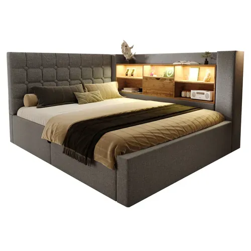 Lit Coffre 140x190 Cm Avec Rangement Hydraulique Tissu Gris