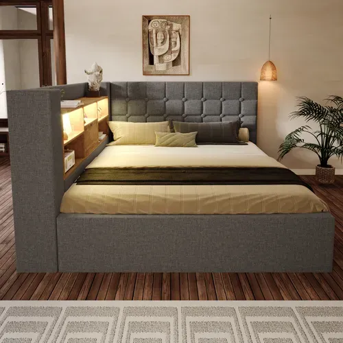 Lit Coffre 140x190 Cm Avec Rangement Hydraulique Tissu Gris