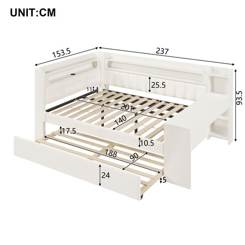 Lit Double 140x200 Cm Avec Lit Gigogne Et Bureau Intégré Blanc