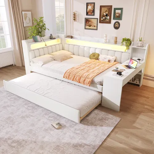 Lit Double 140x200 Cm Avec Lit Gigogne Et Bureau Intégré Blanc
