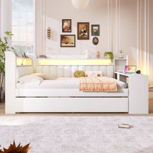 Lit Double 140x200 Cm Avec Lit Gigogne Et Bureau Intégré Blanc