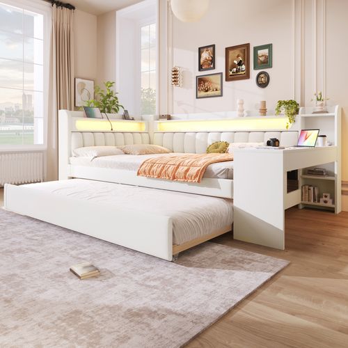 Lit Double 140x200 Cm Avec Lit Gigogne Et Bureau Intégré Blanc