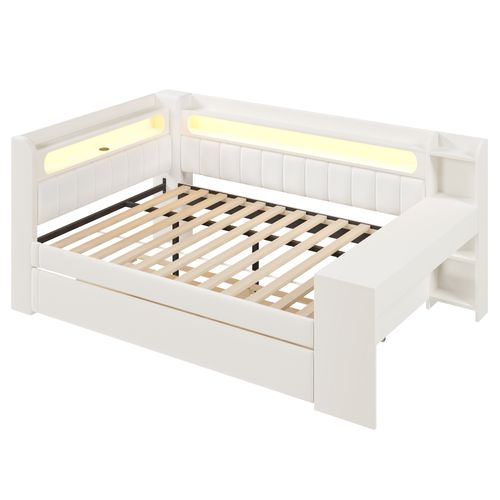 Lit Double 140x200 Cm Avec Lit Gigogne Et Bureau Intégré Blanc