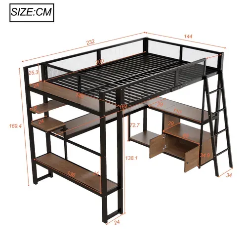 Lit Mezzanine 140x200 Cm Avec Bureau Intégré Noir
