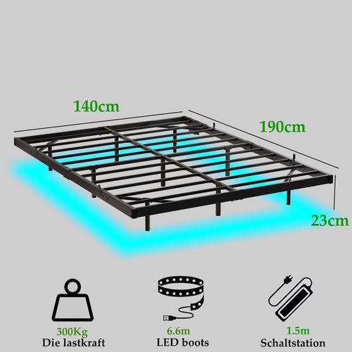 Lit 140x190 Cm Effet Flottant Avec LED Et Station De Charge USB, Structure Métal Noire