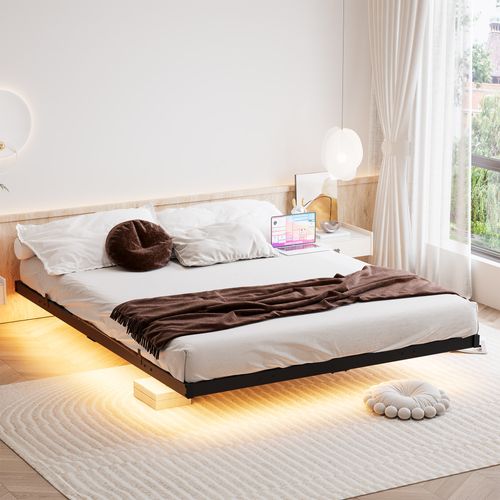Lit 140x190 Cm Effet Flottant Avec LED Et Station De Charge USB, Structure Métal Noire