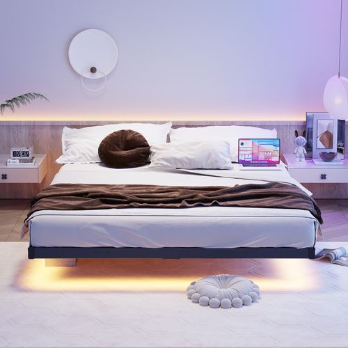 Lit 140x190 Cm Effet Flottant Avec LED Et Station De Charge USB, Structure Métal Noire