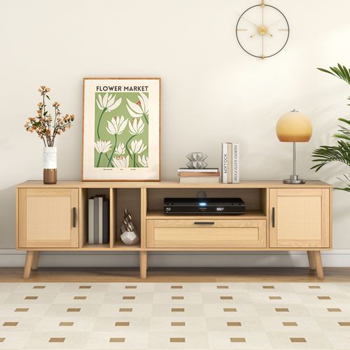 Meuble TV 160x40x47cm En Bois Naturel,lowboard Avec 2 Placards,design Aéré,support TV Pour Ecrans Jusqua 65 Pouces 93280913