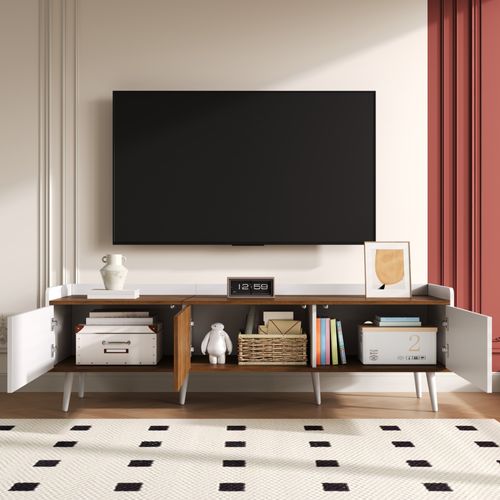 Meuble TV 3 Portes, Compact, Finition Blanche Et Bois Naturel, H 49,5 Cm / L 160 Cm / P 39 Cm