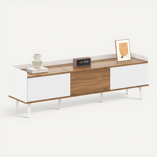 Meuble TV 3 Portes, Compact, Finition Blanche Et Bois Naturel, H 49,5 Cm / L 160 Cm / P 39 Cm