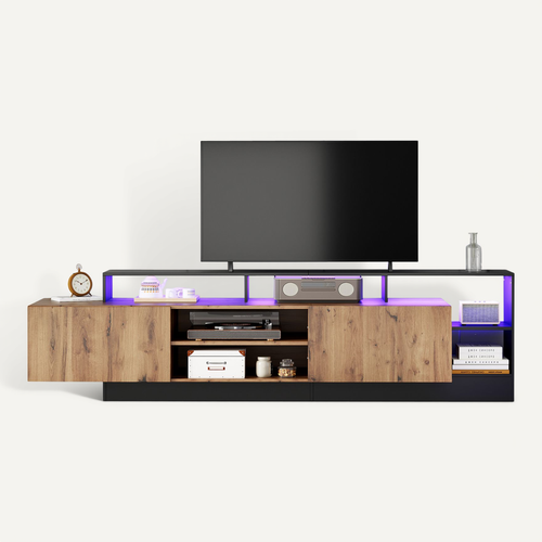 Meuble TV Moderne Bois Avec Cadre Noir Et LED, Pour TV Jusqu’à 70", Salon Et Chambre