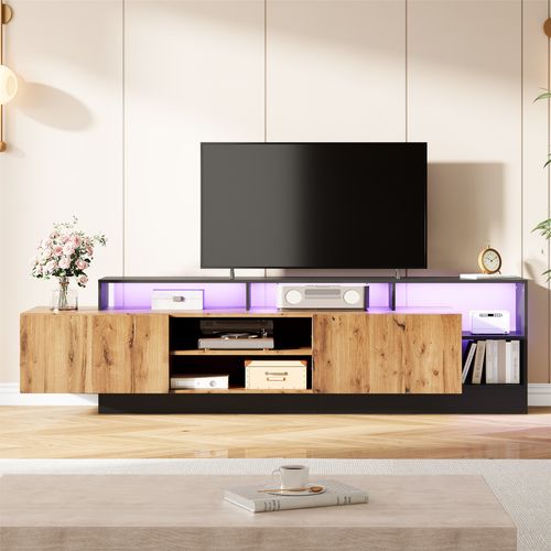 Meuble TV Moderne Bois Avec Cadre Noir Et LED, Pour TV Jusqu’à 70", Salon Et Chambre