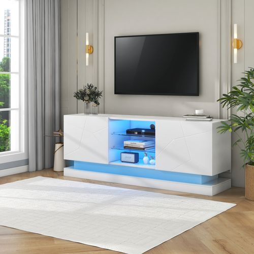 Meuble TV 160 cm Blanc Mat, Étagère Verre Ajustable, Charnières Silencieuses, TV Jusqu’à 70"