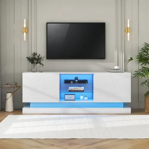 Meuble TV 160 cm Blanc Mat, Étagère Verre Ajustable, Charnières Silencieuses, TV Jusqu’à 70"