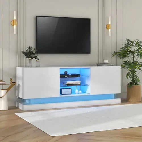 Meuble TV 160 cm Blanc Mat, Étagère Verre Ajustable, Charnières Silencieuses, TV Jusqu’à 70"