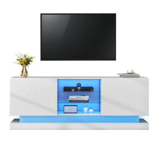 Meuble TV 160 cm Blanc Mat, Étagère Verre Ajustable, Charnières Silencieuses, TV Jusqu’à 70"