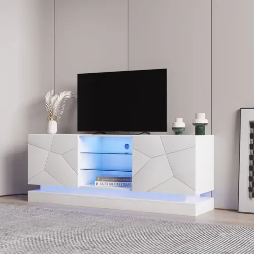 Meuble TV 160 cm Blanc Mat, Étagère Verre Ajustable, Charnières Silencieuses, TV Jusqu’à 70"