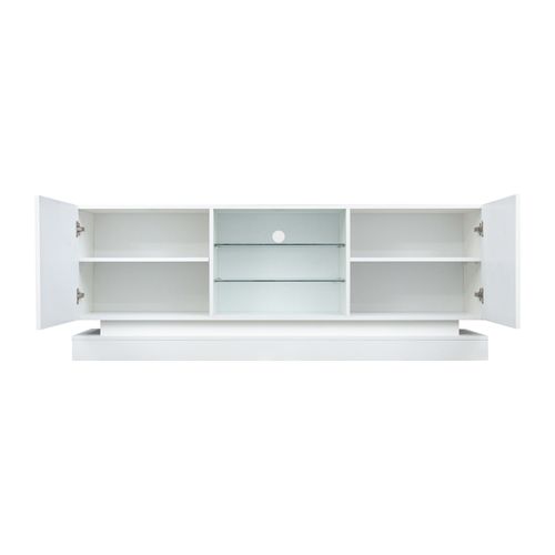 Meuble TV 160 cm Blanc Mat, Étagère Verre Ajustable, Charnières Silencieuses, TV Jusqu’à 70"