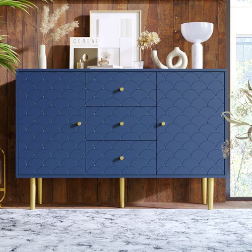 Buffet Bleue Moderne Avec 2 Portes,3 Tiroirs Et étagère Réglable,pour Salon Ou Chambre,120x40x83cm
