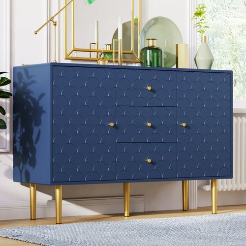 Buffet Bleue Moderne Avec 2 Portes,3 Tiroirs Et étagère Réglable,pour Salon Ou Chambre,120x40x83cm