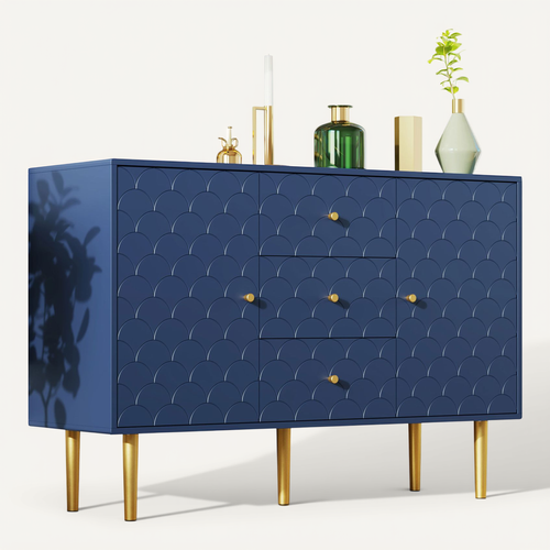 Buffet Bleue Moderne Avec 2 Portes,3 Tiroirs Et étagère Réglable,pour Salon Ou Chambre,120x40x83cm