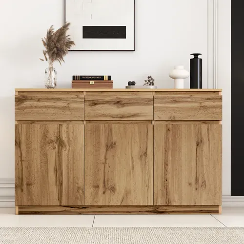 Buffet Multifonction Bois Naturel 135x40x81 Cm, 3 Portes, 3 Tiroirs, Meuble Spacieux Cuisine/entrée