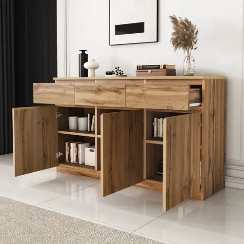 Buffet Multifonction Bois Naturel 135x40x81 Cm, 3 Portes, 3 Tiroirs, Meuble Spacieux Cuisine/entrée