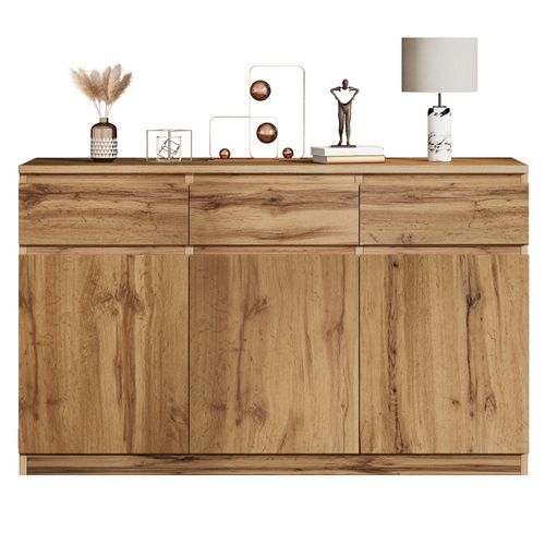 Buffet Multifonction Bois Naturel 135x40x81 Cm, 3 Portes, 3 Tiroirs, Meuble Spacieux Cuisine/entrée