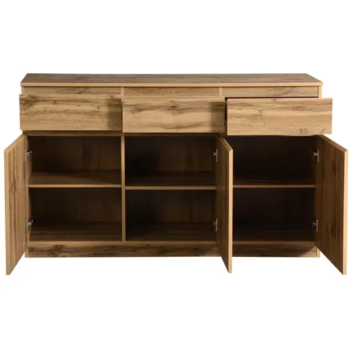 Buffet Multifonction Bois Naturel 135x40x81 Cm, 3 Portes, 3 Tiroirs, Meuble Spacieux Cuisine/entrée