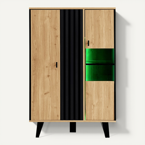 Buffet Vitrine LED 80 cm Salon Noir et Bois avec Portes Vitrées, Meuble de Rangement et Étagères