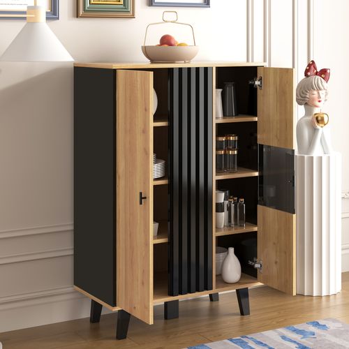 Buffet Vitrine LED 80 cm Salon Noir et Bois avec Portes Vitrées, Meuble de Rangement et Étagères